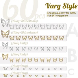 Butterfly Nail Charms, 60pcs 3D Golden Silver Butterfly Charms for Acrylic Nails, 20 Butterflies Nail Rhinestones Gems Charms +40 Alloy Studs, Nail Art Crystals Diamonds Decor Supplies for Nails DIY