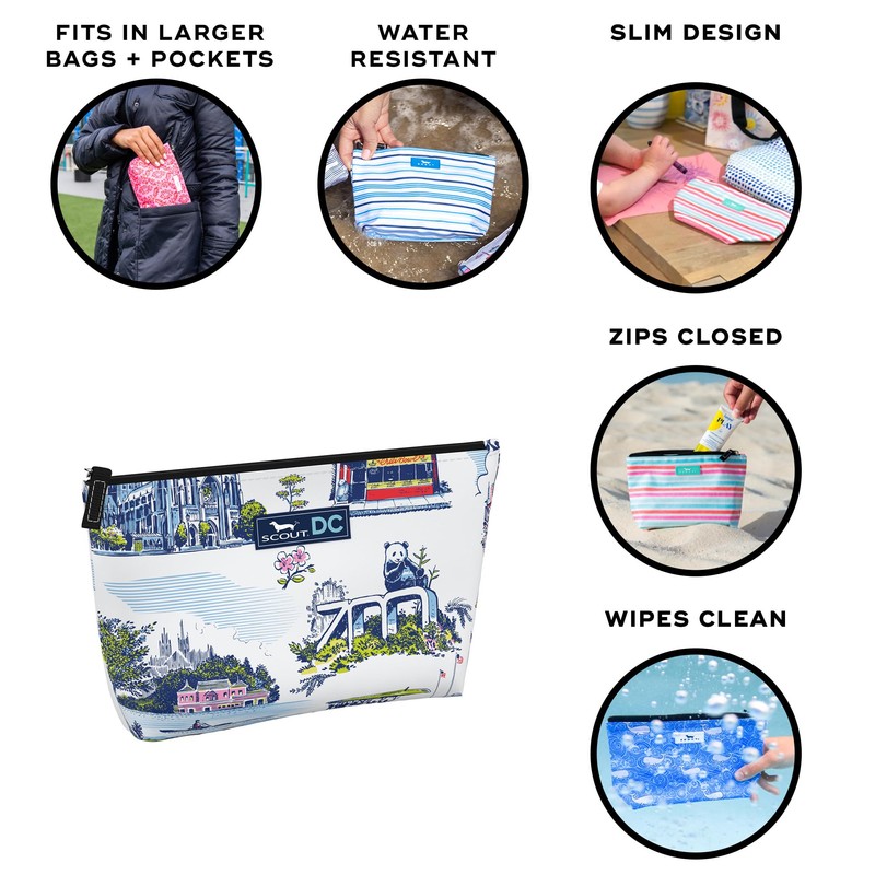 SCOUT Twiggy Makeup Bag, Slim Water-Resistant Pouch Zips Shut, Wipes