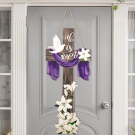 Menkxi Menkxi Large Easter He is Risen Welcome Door Sign Easter Decorations Cross Wall Art Hanging Wood He is Risen Front Door Decor Easter Door Sign for Farmhouse Home Wall Holiday Decoration