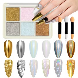 MIZHSE Pearl Chrome Nail Powder for Nails Iridescent Mermaid Glitter Powder, Holographic Solid Pigment Aurora Gold Silver Mirror Powder Nail Art(6 in 1)