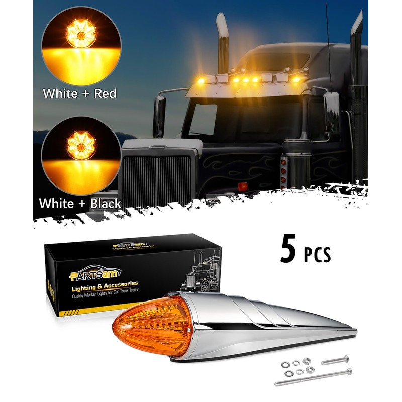 Partsam 5Pcs Amber Torpedo Cab Marker, LED High/Low Brightness Chrome