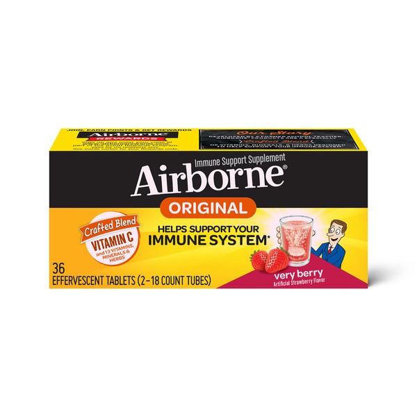 Airborne 1000mg Vitamin C with Zinc Effervescent Tablets, Immune Support Supplement with Powerful Antioxidants Vitamins A C & E - 36 Fizzy Drink Tablets, Very Berry Flavor