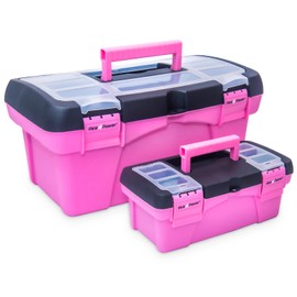 Pink Power Pink Tool Box for Women - Sewing, Art & Craft Organizer Box Small & Large Plastic Tool Box with Handle - Pink Toolbox Sewing Box Tool Storage Box - Portable Mini Locking Tool Boxes (2 Pack)