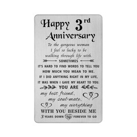 TANWIH 3 Year Anniversary Card Gifts for Her, Happy 3rd Wedding Anniversary Card Gifts for Wife, Engraved Metal Wallet Insert