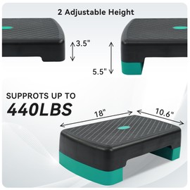 Fitvids 18" Workout Aerobic Stepper Step Platform with 2 Risers, Lightweight Portable Step Up Platform Trainer, Adjustable Height 3.2’’ 5.5’’ for Home Gym, Black and Green