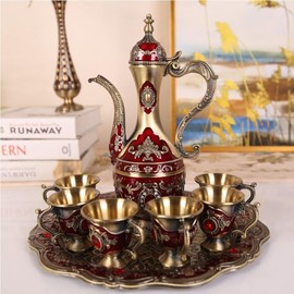 Vintage Turkish Coffee Pot Cups Set with Tray and 6 Cups Retro Coffee Pot Cups Set Exquisite Wine Pot Set Decorative Vintage Tea Service Set for Home Party Decor (Retro Red)