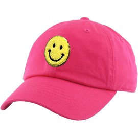 Funky Junque Kids Baseball Cap Unisex Low Profile Hat: Smiley Face - Hot Pink/Yellow (2-5)