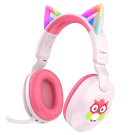 LOBKIN Kids Headphones Microphone Toddler Cat Ear LED Light Rotatable Dynamic IPX4 Waterproof Volume Limited 85dB for AUXcolor: Pink, model number: S32