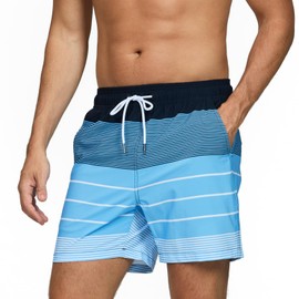 Vorvowry Men's Swimming Trunks, Quick-Drying Swimming Trunks, Breathable Swimming Shorts with Mesh Lining and Hidden Zip Pocket, Swimwear, Men's Board Shorts, Blue and white stripes