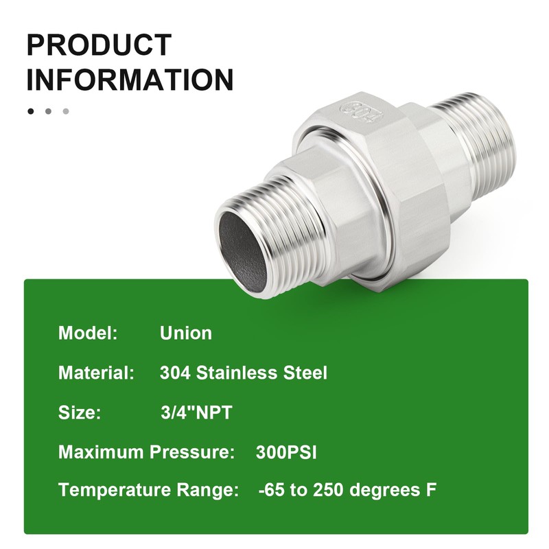 TAISHER 1PCS 304 Stainless Steel Union，3/4" NPT Male x 3/4"