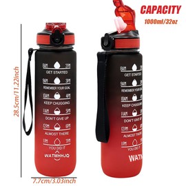WATMHHJQ 32oz Sports Water Bottle Outdoor, with Drinking Time and Capacity Labels, Sport Water Cups with Straw,BPA Free Leak Proof,for Fitness Gym Running Climbing (Black red)