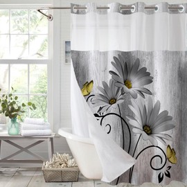 Muuyi Grey Watercolor Floral Shower Curtain,No Hook Shower Curtain,Polyester Shower Curtains with Snap in Fabric,Sheer Top Window for Bathroom Decor,Waterproof & Washable,72W x 75L Inch