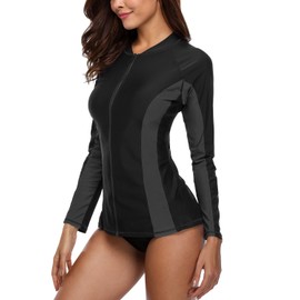 Charmo Women Zip Long Sleeve Rash Vest UPF 50+ Rashguard Shirts Swimwear Tops Black/Grey L