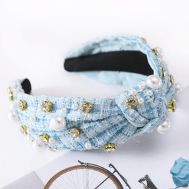 Gmmidea Pearl Rhinestone Tweed Headband for Women Sparkle Luxury Plaid Knotted Headband Wide Vintage Ladies Embellished Hairband Fashion Holiday Hair Accessories for Girls Blue