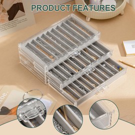 YUFONG Necklace Organizer Box, Dustproof Bracelet Necklace Holder Organizer Clear Stackable Jewelry Box Velvet Jewelry Displays for Chains Bracelets Pendants (Gray, 3 Drawers)