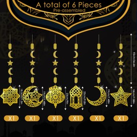 AhfuLife Ramadan Mubarak Eid Decorations for Home, 6 PCS Pre-Tied Golden Islamic Star Moon Lantern - Reusable Eid Garland Streamer Eid Mubarak Decorations for Indoor Outdoor Party Decoration