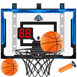 24" x 16" Indoor Large Basketball Hoop Toy - Upgraded Adjustable Height Basketball Hoop Over The Door with Scoreboard/2 Balls, Basketball Toys Christmas Birthday Gifts for Kids & Adults(Blue)