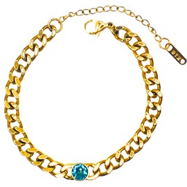 Waterproof 18k Gold Plated 21cm Chunky Cuban Link Bracelet, Razzberry Designer Jewellery for Women, 316L Stainless Steel with Sparkling Zircon Stone, included Gift Pouch (Blue Zircon)