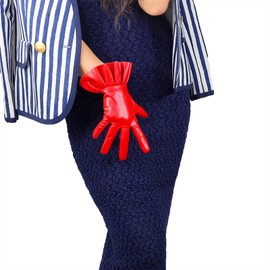 DooWay Women's Fashion Short Dress Gloves with Ruffle Trim Soft Faux Leather Red 25cm For Evening Dance Costume