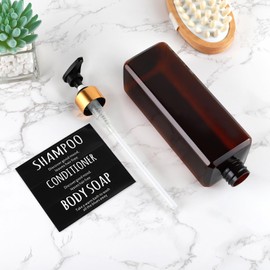 DEROANBOTT 3 Pieces Pump Bottle Set, 16.9 oz Shampoo and Conditioner Dispenser, Plastic Refillable Soap Dispenser with 3 Label Sticker for Bathroom Lotion Body Wash Subpackage Bottle (Tawny)