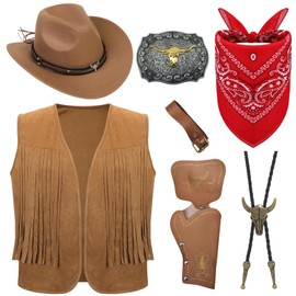 7 Piece Cowboy Fancy Dress Accessory Set for Men, Western Cowboy Costume with Hat Tassel Vest Paisley Bandana Western Bolo Buckle Belt Holster for Carnival Fancing Cosplay (Style 2, XL)