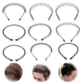 9pcs Metal Hair Band for Men Metal Headband Spring Wavy Hair Band Unisex Hairband for Men Women Sport Hair Hoop Non-slip Headwear Hair Accessories (Black)
