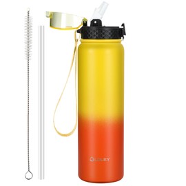 OLDLEY Stainless Steel Water Bottle with Straw 1L Vaccum Insulated Large Drink Flask Metal Water Bottles 1 Litre Leakproof Keep Drinks Hot Cold for Sports Gym Bike Adult(Yellow Orange, 1 Lid)