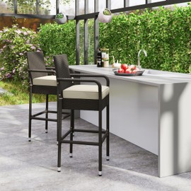 Yaheetech Outdoor Bar Stools Set of 2, Patio Wicker Chairs with Armrests, Footrests, Cushion for Porch Garden Balcony Backyard, Brown/Beige