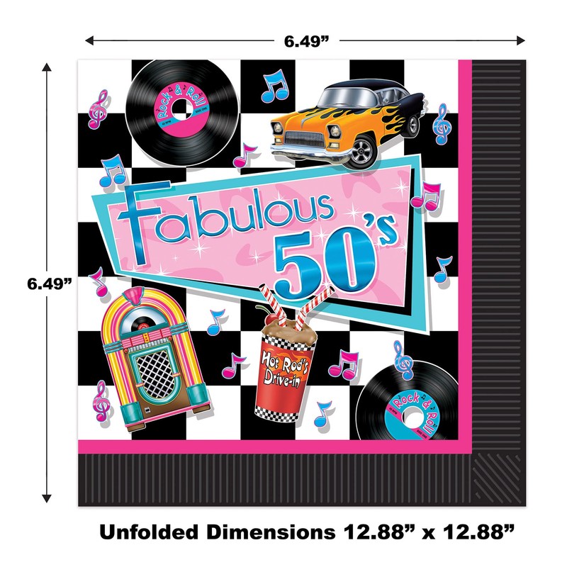 Beistle Fabulous 50's Luncheon Napkins, 6.75" x 6.75", Multicolored, 16