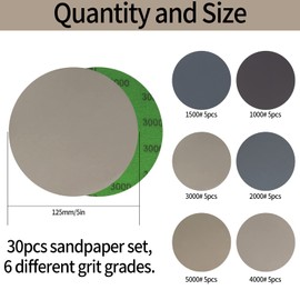 30 Pcs Wet and Dry Sanding Discs 125 mm/5 inch, Round Sandpaper Discs Grit 1000/1500/2000/3000/4000/5000 Hook and Loop, Orbital Sanding Discs Disk Pad Set for Wood, Metal, Car Polishing