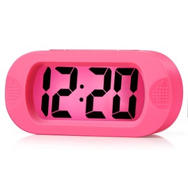 Easy to Set, Plumeet Large Digital LCD Travel Alarm Clock with Snooze Good Night light, Ascending Sound Alarm & Handheld Sized, Best Gift for Kids (Pink)