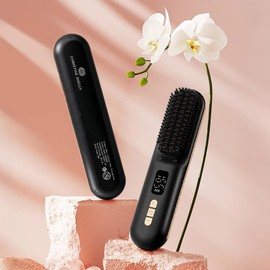 CHRISTINE SHELLY Hair Straightener Brush, Portable Cordless Mini Straightening Brush for Travel, Negative Ion Hot Comb Hair Straightener with 9 Temps, Anti-Scald Ceramic, Fast Charging for Women