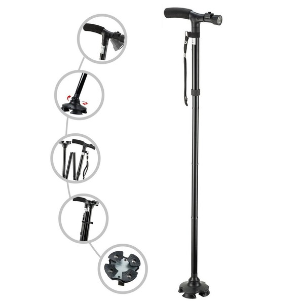 Folding Cane with Led Light, Adjustable Canes and Walking Sticks for Men and Women, Walking Cane Stick for Elderly with Cushion T Handle and Pivoting Quad Base for Hiking Mountain Climbing Backpacker…