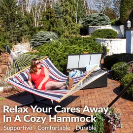 Sunnydaze Quilted Outdoor Hammock with Spreader Bars - Heavy-Duty 450-Pound Capacity Double Hammock for Outside - Nautical Stripe
