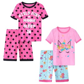 Vopawetty Girls Pajama Set, 4-Piece Cotton Pajamas Short Summer PJs Kids Sleepwear Black Red Dots - Pink Unicorn 14
