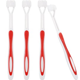 Boao 4 Pieces Toothbrush 3 Sided 7.1 Inch Autism Sensory Toothbrush 360 Degree Cleaning Travel Brush Complete Teeth Angle Clean Tooth(Red)