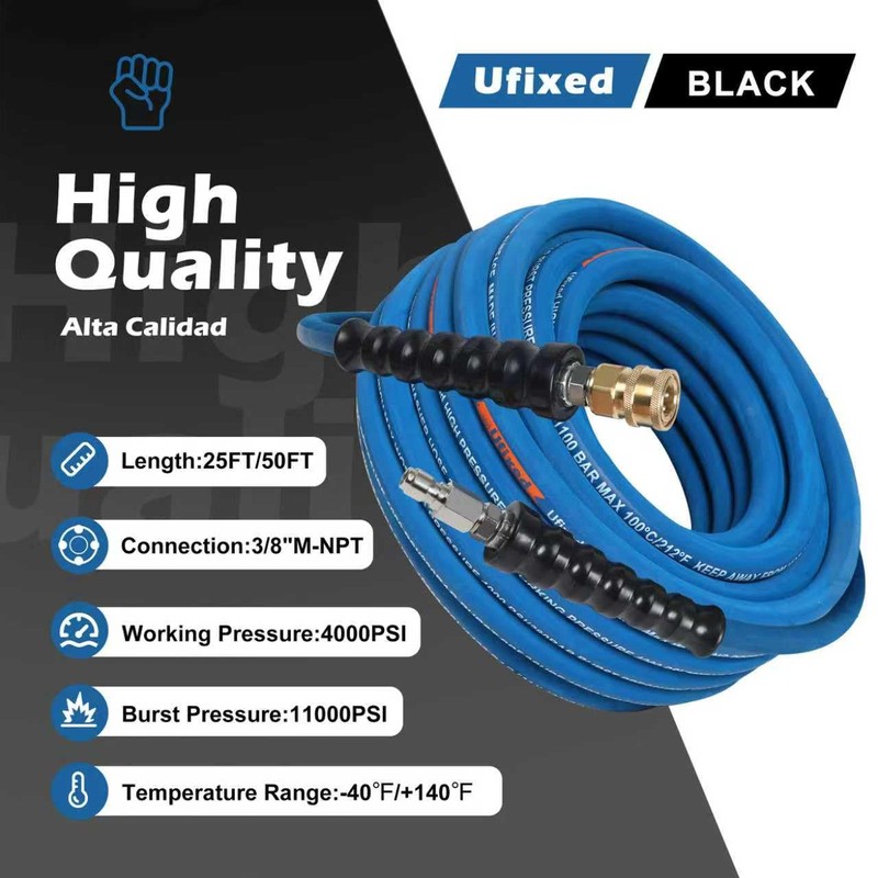 Ufixed 3/8” Pressure Washer Hose 25FT 4000psi,Rubber Hose,Quick Connect,360° Swivel,Kink-resistant,Heavy