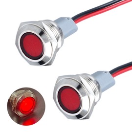 DMWD 2PCS 16mm Metal Indicator Light Mounting Hole 5/8", 110-220VAC 20mA Waterproof IP67 Single lamp LED Pilot Lamp Flat Head with 20cm/7.87in. Wire for Car Truck Boat(Red LED)