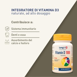 LongLife® Vitamin D 1000 | Vitamina D3 naturale | Difese immunitarie, salute di ossa e denti | Metabolismo del calcio | Fino a 2 mesi di trattamento | Vegetariano e senza glutine