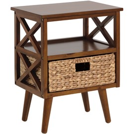 eHemco X-Side Mid-Century Nightstand End Table with Storage Shelf and Wicker Basket, Walnut