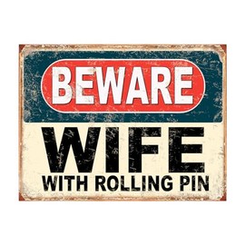 Shawprint Beware Wife With Rolling Pin Funny Metal Signs Home Pub Indoor & Outdoor Garden Bar Garage Vintage Wall Plaque Gift Retro (A4)