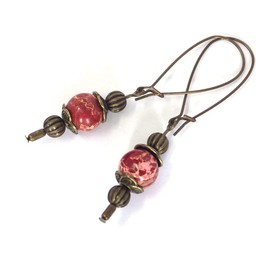 Vintage style Thurcolas earrings in red imperial jasper mounted on fancy antique bronze hoops