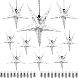 12 Pieces Christmas Paper Star Lanterns Light Up 5-Pointed Star Lamp Shade with 22 Led Light Star Paper Lantern Hanging Decorations for Christmas New Year Birthday Wedding Party (Silver)