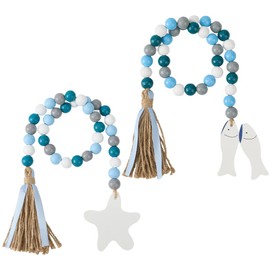 CRASPIRE 2Pcs Handmade Wood Bead Garland Sea Ocean 29" Wooden Beads Strand Summer Starfish Fish Farmhouse Rustic Hanging Pendant Ornament with Jute Rope Tassel for Tiered Tray Wall Home Room Decors