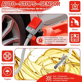 Fuel pump with auto-stop sensor, Electric diesel pump 2.4GPM with 3 adapter sizes, Self-priming oil suction pump with hoses and nozzle for diesel, oil & petrol