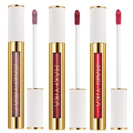 Lápiz labial metálico de 3 piezas, de larga duración, color nude, rosa y rojo, con brillo, lápiz labial de alto brillo, que no se mancha, no se...    