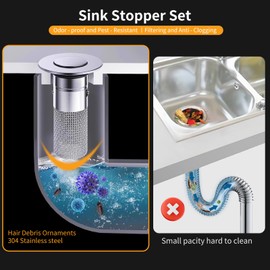 Pack of 2 Sink Drain Plugs, Hair Strainer Sink with Stainless Steel Floor Drain Strainer, Pop-up Design with Hair Catcher, Quick Drainage for 34-40 mm Drains (Kitchen, Bathroom, Sink)