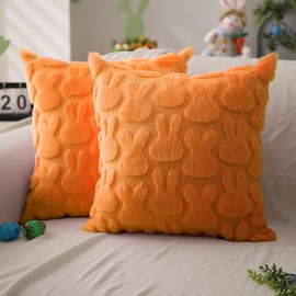 DFXSZ Easter Pillow Covers 18x18 inch Set of 2 Easter Decoration Orange Rabbit Soft Plush Faux Fur Jacquard Throw Pillows for Bedroom Sofa Holiday Festivals Home Decor FHJ-010E18