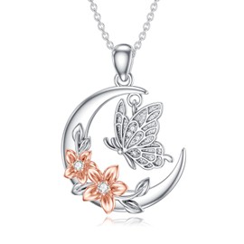 LWXIE Diamond Moon and Butterfly Necklace for Women 925 Sterling Silver Butterfly Pendant with Lab Grown Diamond Jewelry Gifts for Loved Ones