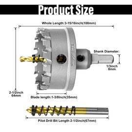 SALI 2-1/2"(64mm) TCT Hole Saw Kit Tungsten Carbide Tipped Hole Saw Drill Bit with Titanium-Plated Pilot Drill bit for Metal, Stainless Steel, Iron, Plastic